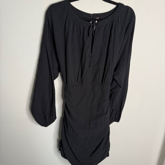 Free People Women's Small Mini Dress Black Long Sleeve Ruched Tie Waist Party - Picture 2 of 5